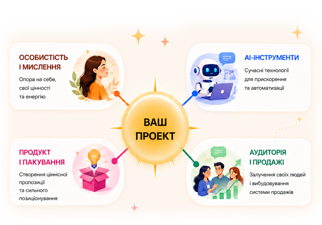 Чотири опори проєкту: особистість і мислення, AI-інструменти, продукт і пакування, аудиторія та продажі